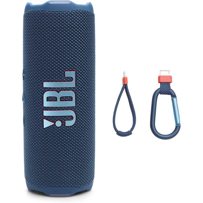 JBL Flip 7 portable speaker in blue with its loop and carabiner accessories