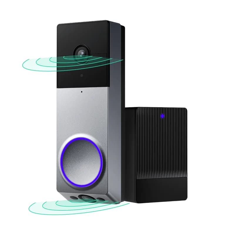 Wyze Duo Cam Doorbell with two cameras, a silver body and its plug-in chime